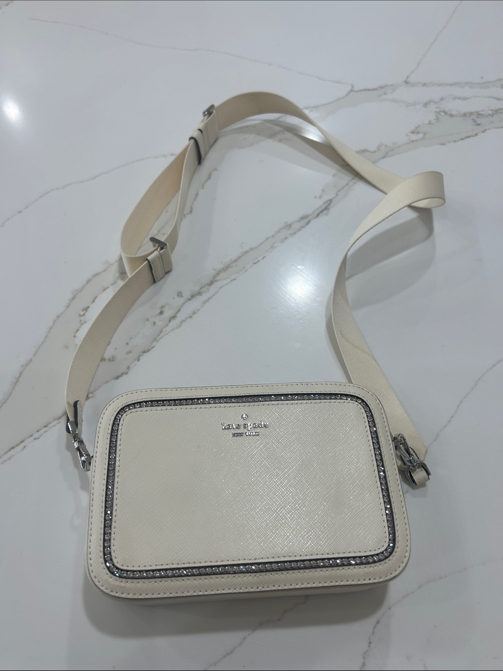 kate spade Cream Saffiano Crossbody Camera Bag with Silver Trim